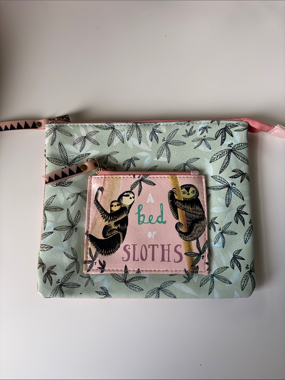 Sloth Print Zip Cosmetic Pouch in Mint & Pink